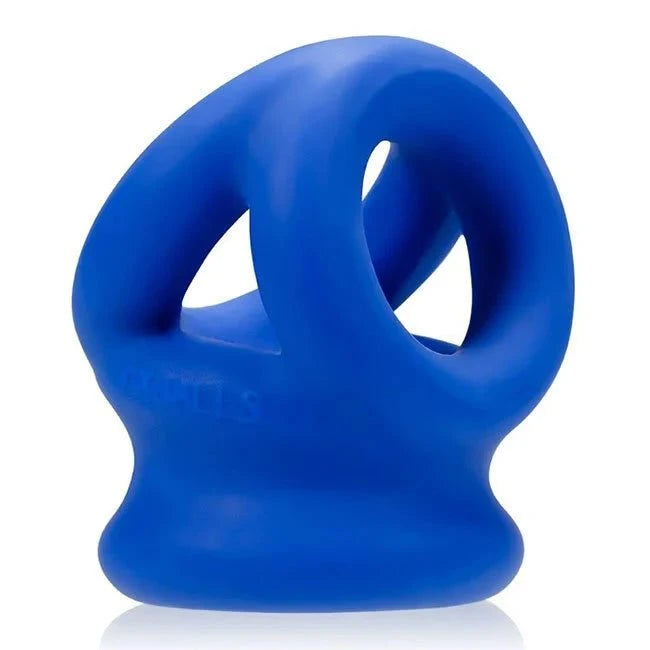 Blue Oxballs Tri-Squeeze Cocksling and Ballstretcher made of stretchy silicone.