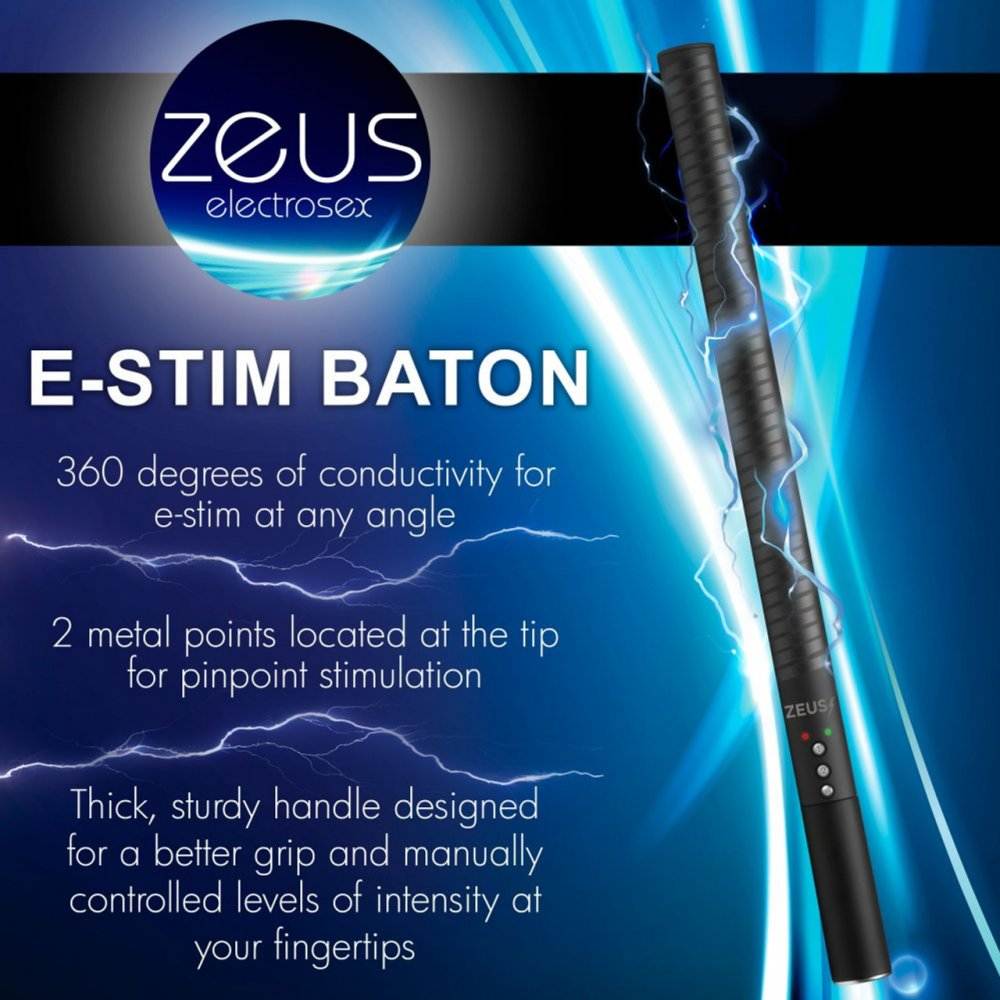 Zeus Electrosex E-Stim Baton with 360-degree conductivity, dual metal tip contacts, and ergonomic handle for adjustable electrostimulation pleasure