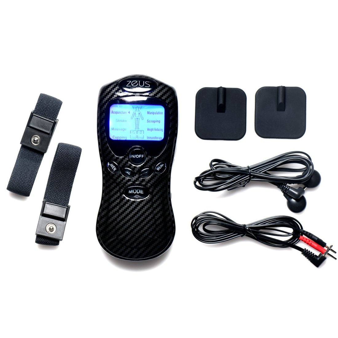 Zeus Electrosex Power Box Kit with controller, adjustable penis bands, silicone pads, and leads for customizable electro-stimulation.