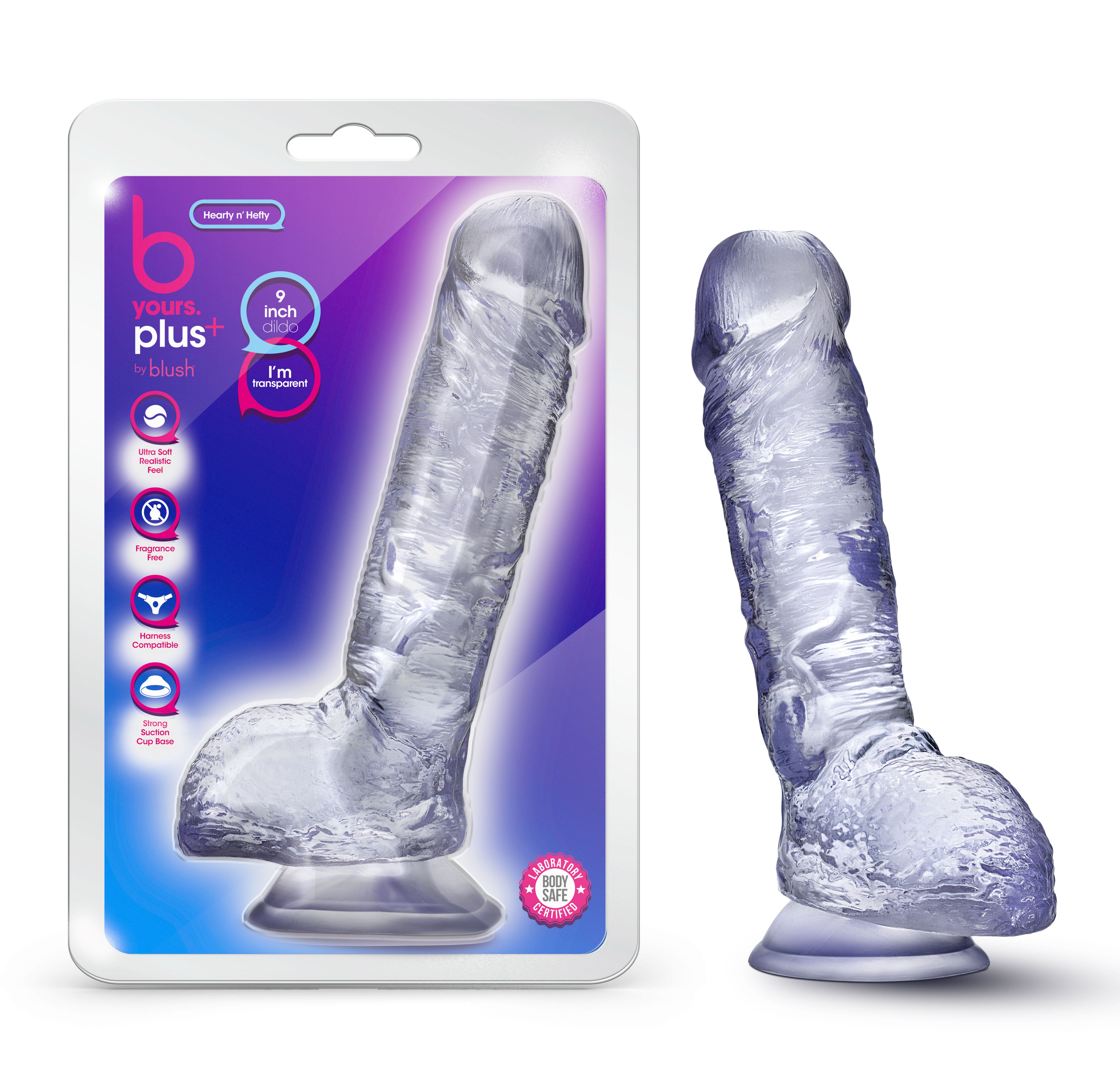 B Yours Plus Hearty n' Hefty 9 in. Dildo with Balls Clear
