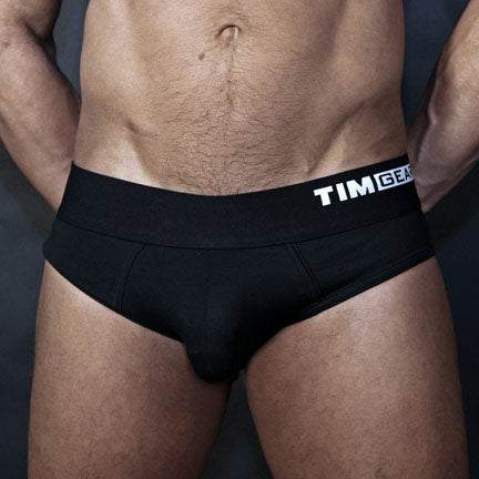 Men's TIMGEAR Black Brief made from soft cotton spandex blend with breathable, stretchy fabric and branded waistband.