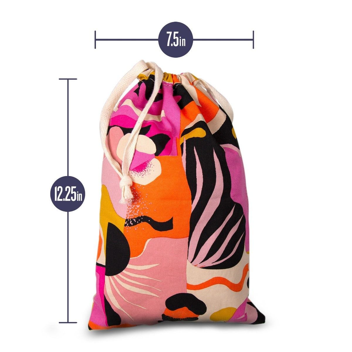 The Collection Burst Cotton Toy Bag in colorful abstract print, 7.5 x 12.25 inches, drawstring closure, 100% natural cotton storage pouch