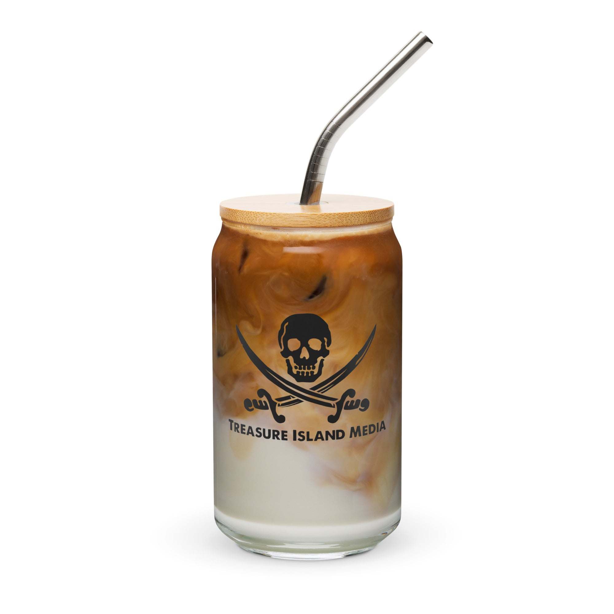 TIM logo can-shaped glass with iced coffee and metal straw