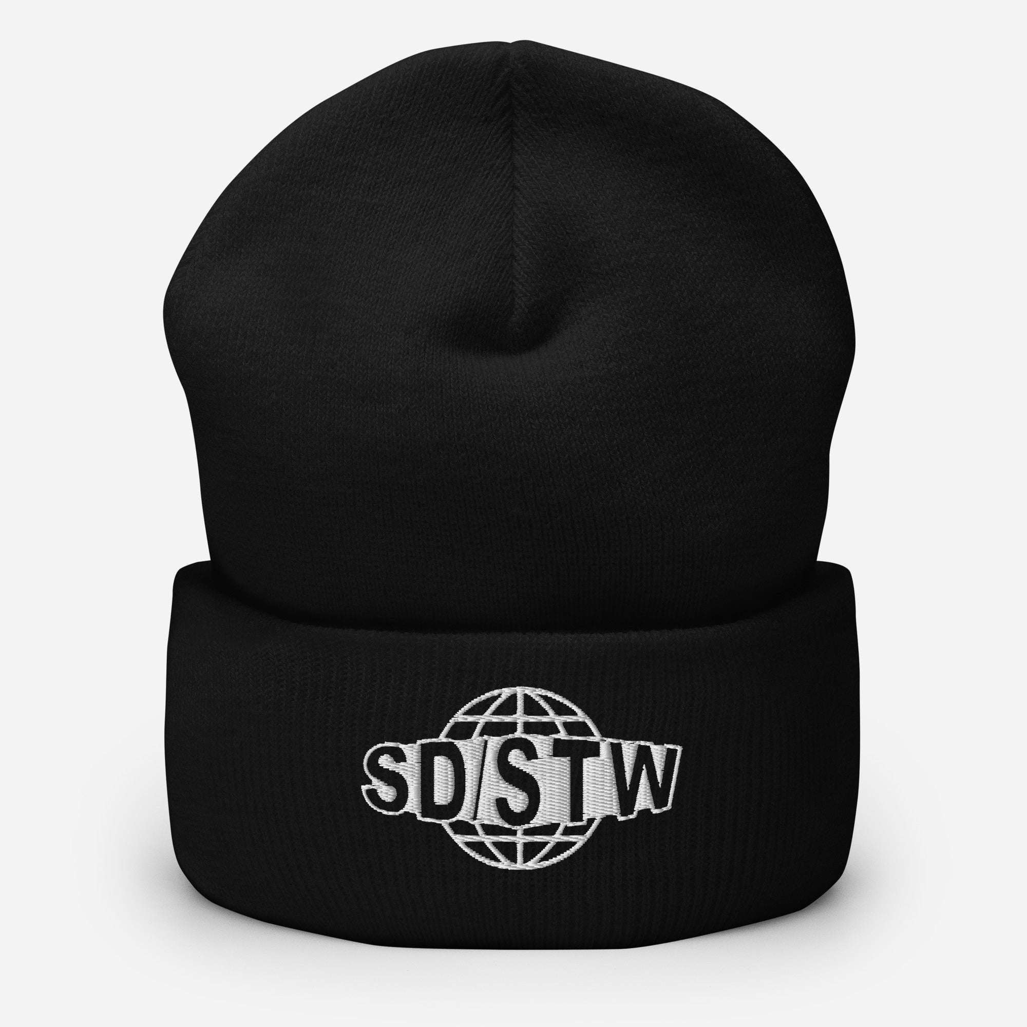 Black Suck Dick Save the World beanie with SD/STW logo and globe embroidery, made from 100% turbo acrylic.