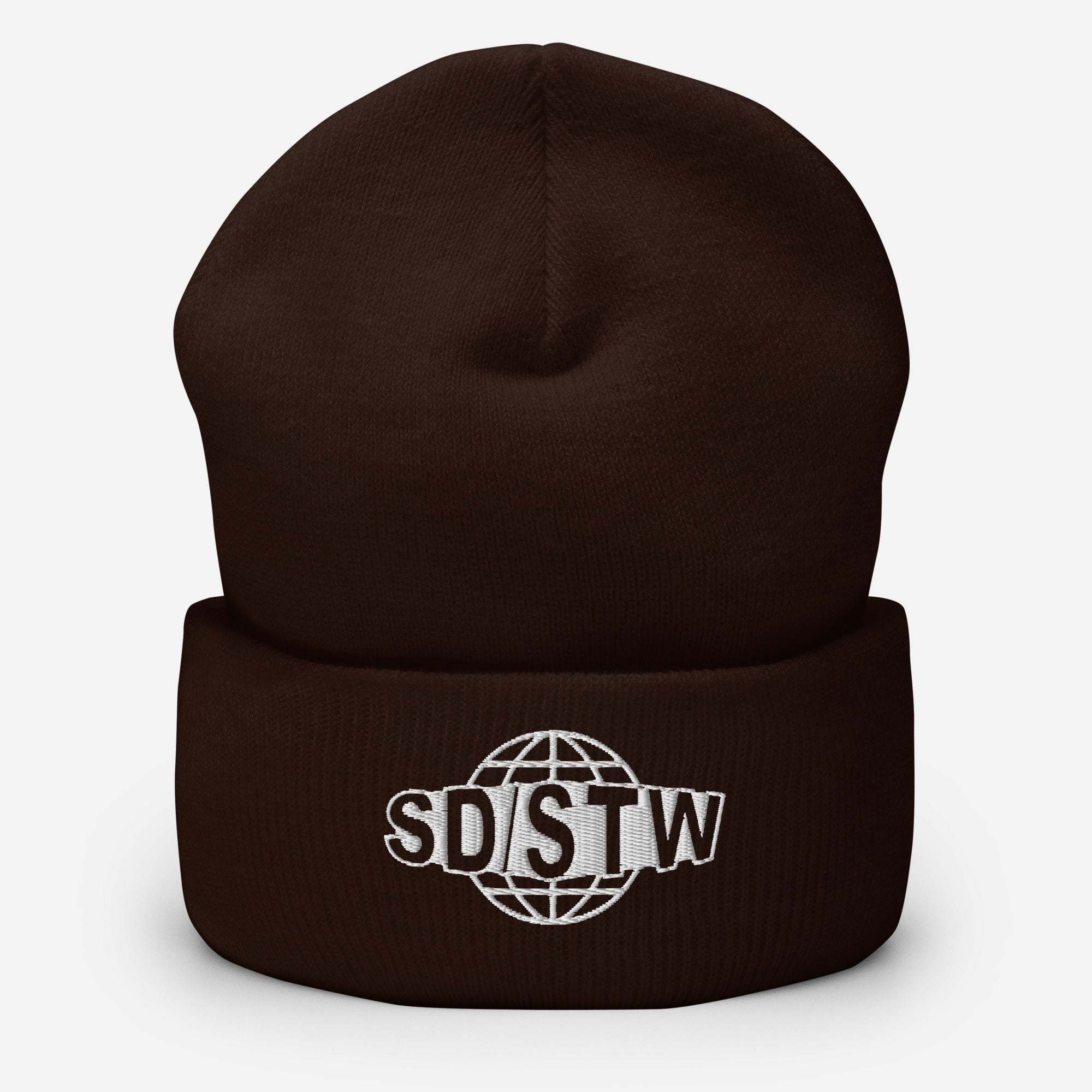 Black beanie with white embroidered SD/STW logo and globe design, cozy and unisex winter headwear