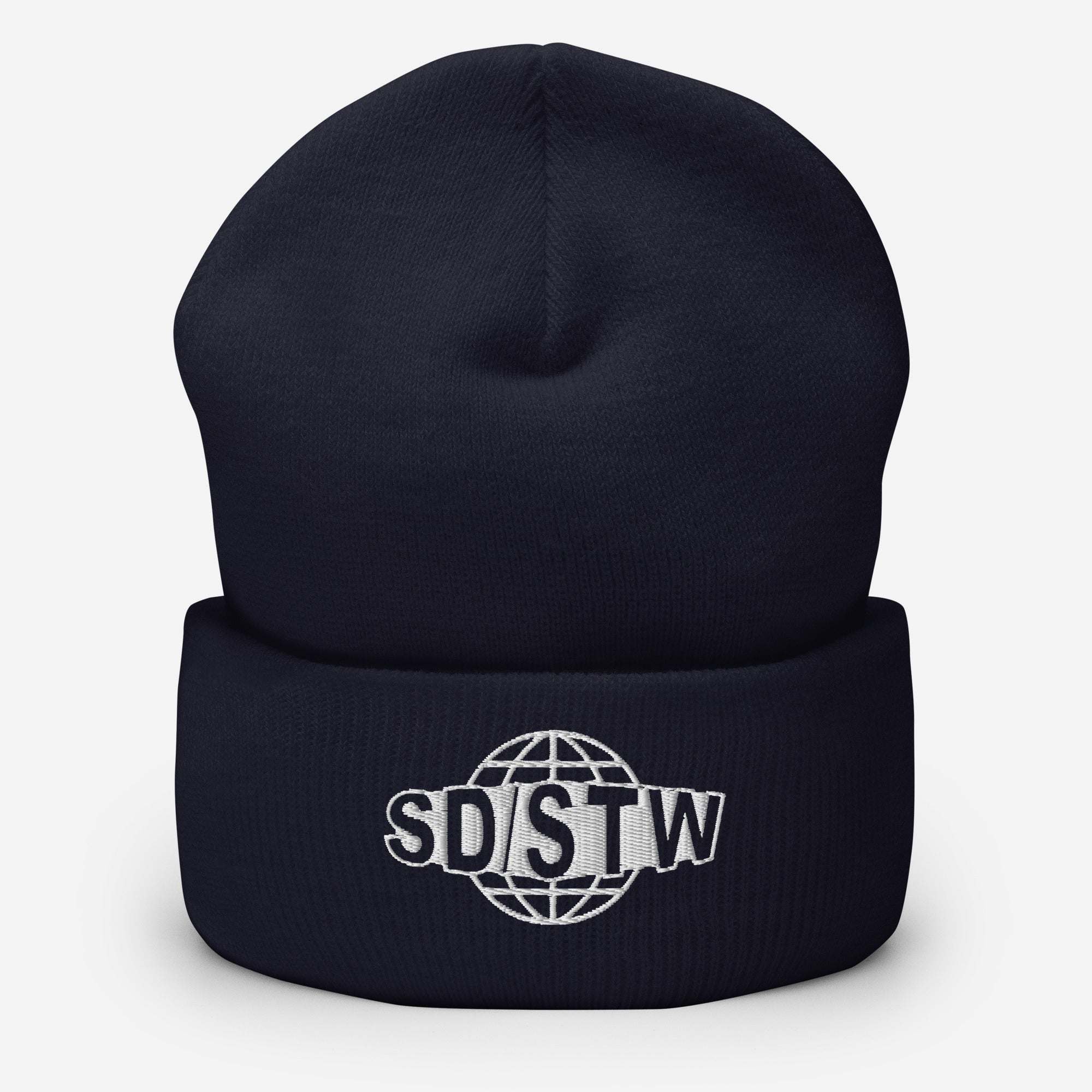Black Suck Dick Save the World beanie with white embroidered SD/STW logo and globe design