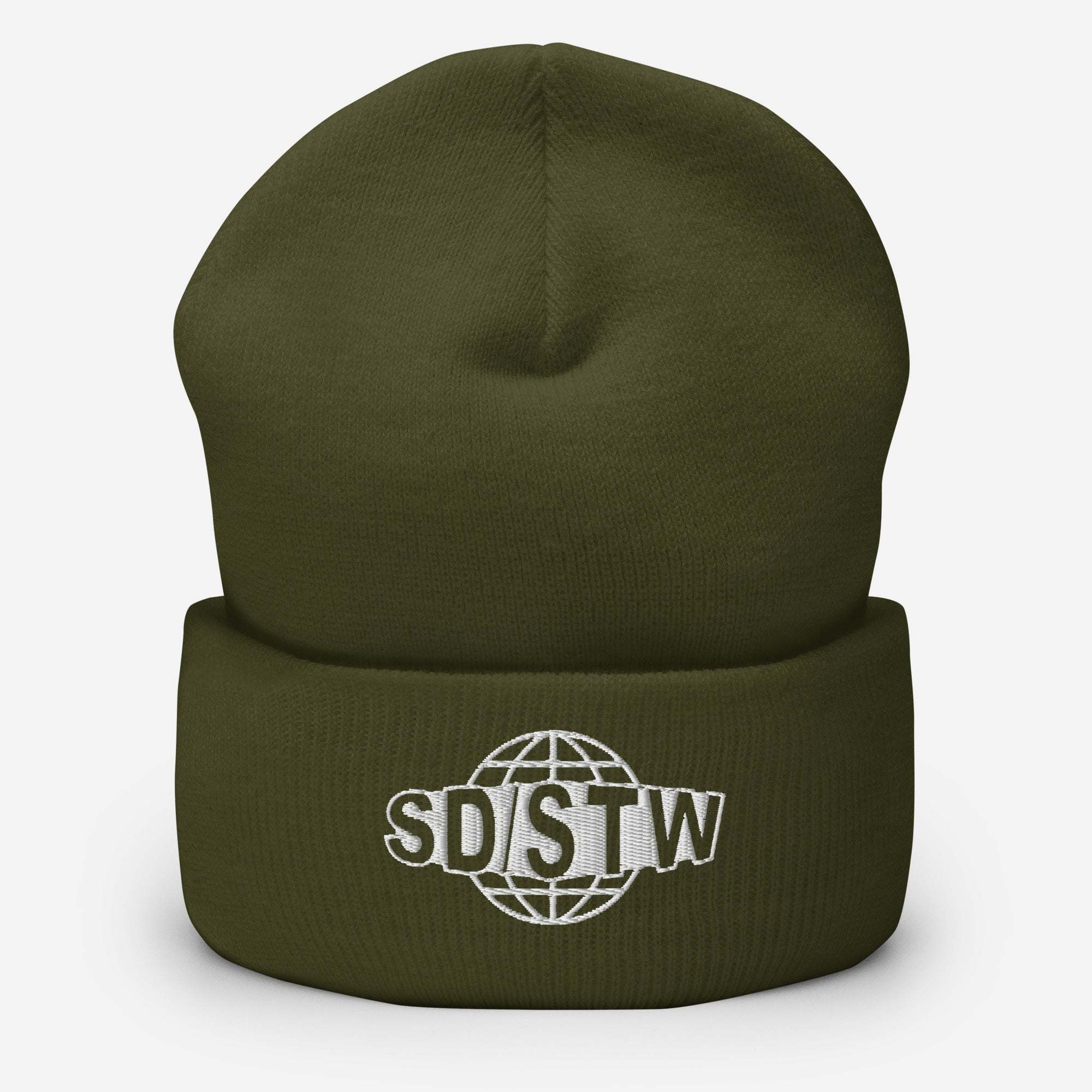 Olive green Suck Dick Save the World beanie with SD/STW logo and globe embroidery