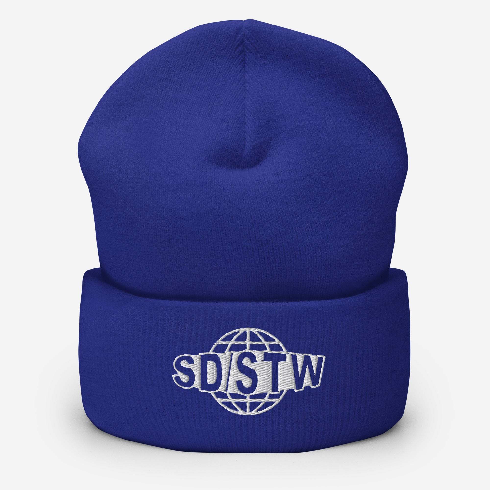 Blue Suck Dick Save the World beanie with SD/STW logo and globe embroidery