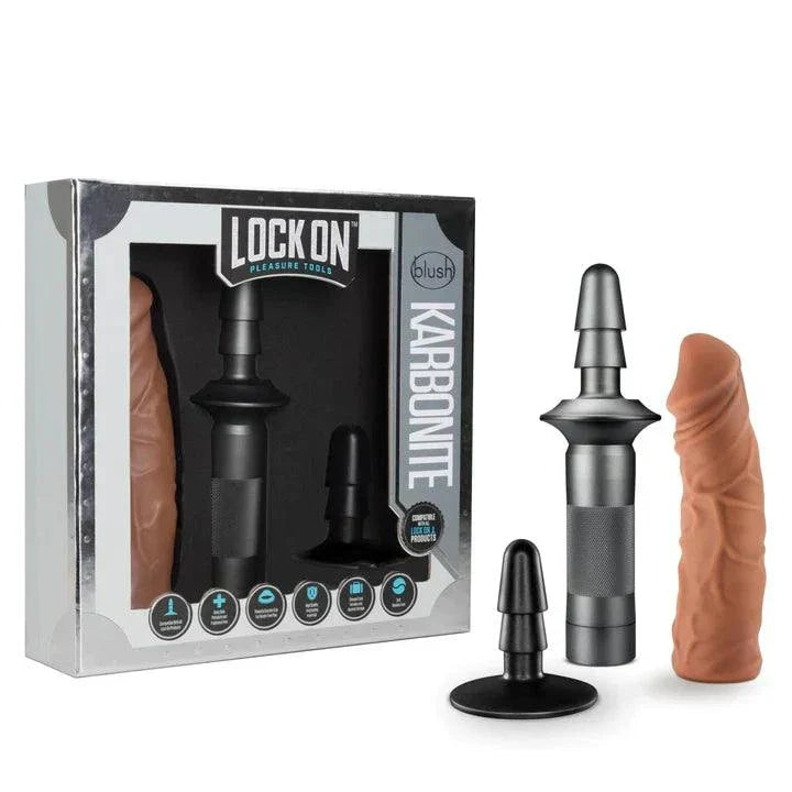 Blush Lock On Karbonite realistic 7.75-inch dildo with aluminum handle and suction cup adapter in packaging.