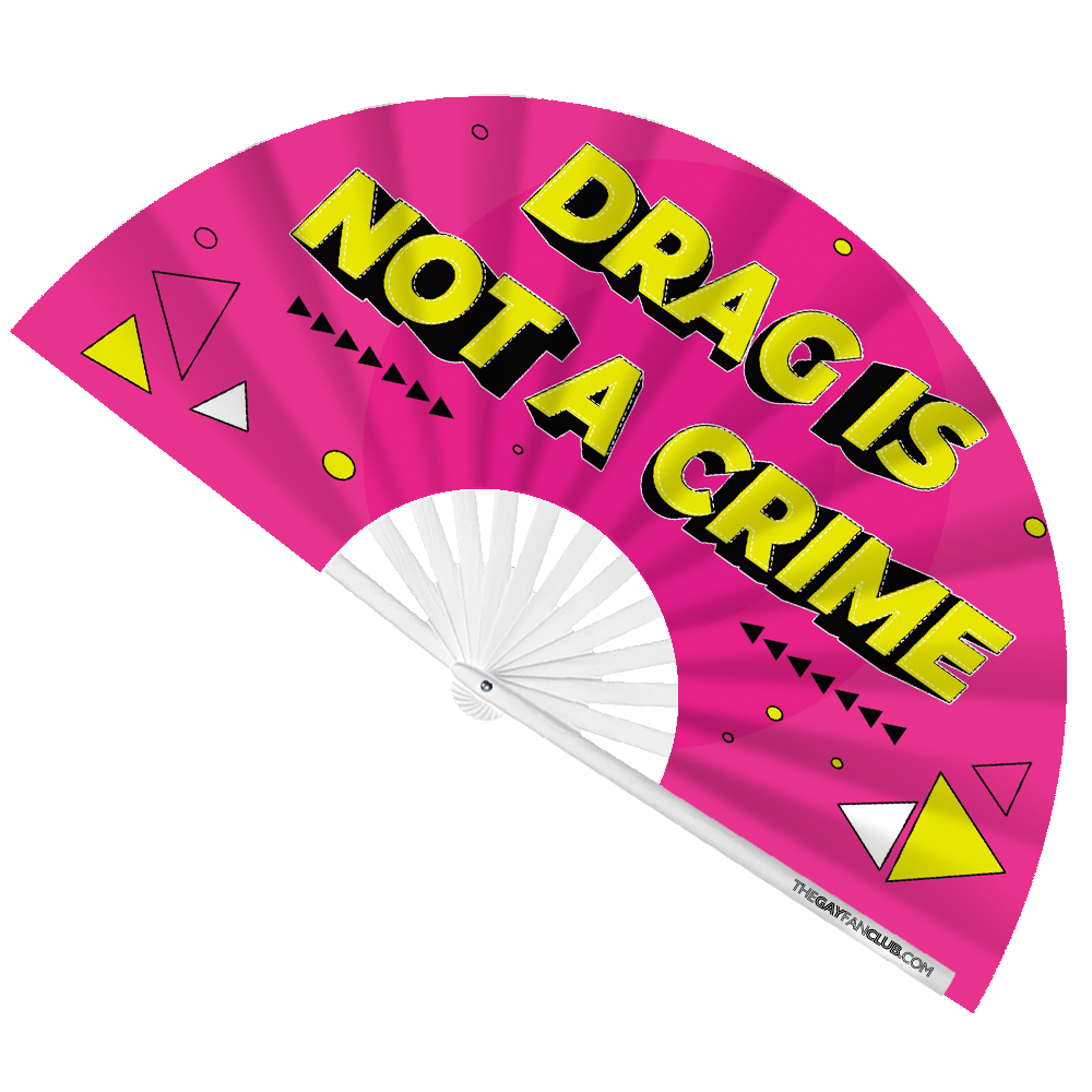 UV-reactive drag hand fan with "Drag Is Not A Crime" neon print and geometric patterns