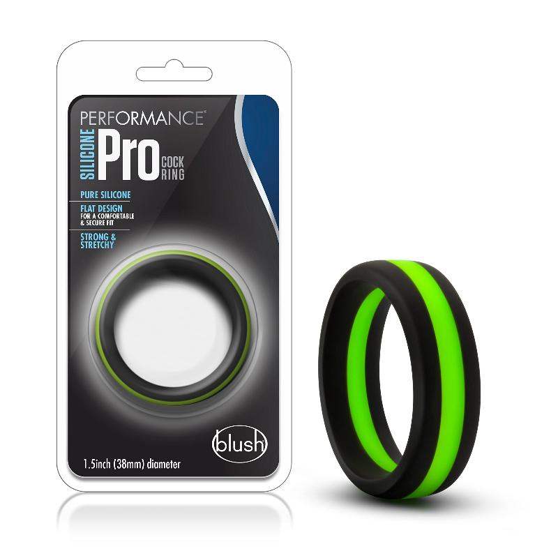 Blush Performance Silicone Go Pro Cock Ring Black/Green/Black, silicone, flat design, satin smooth finish, hypoallergenic, 1.5-inch inner diameter.