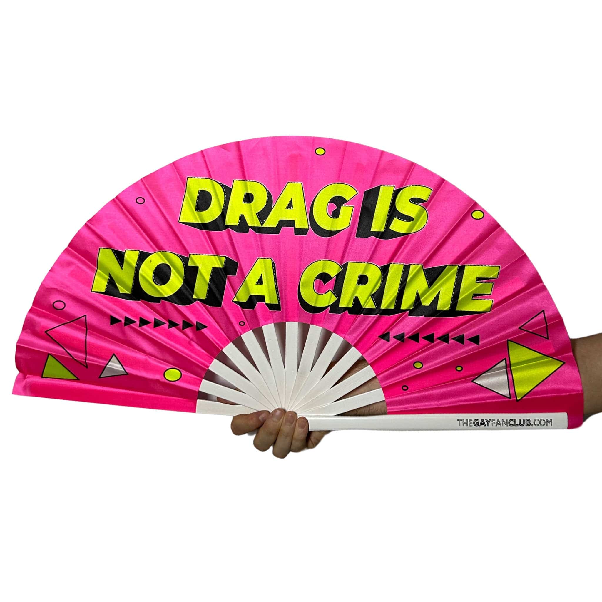 UV-reactive drag hand fan with neon "Drag Is Not A Crime" text and bold colors