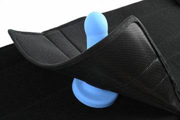 Close-up of the padded bullet anchor pad with a blue dildo attached, part of the Door Jam Sex Sling Special Edition.