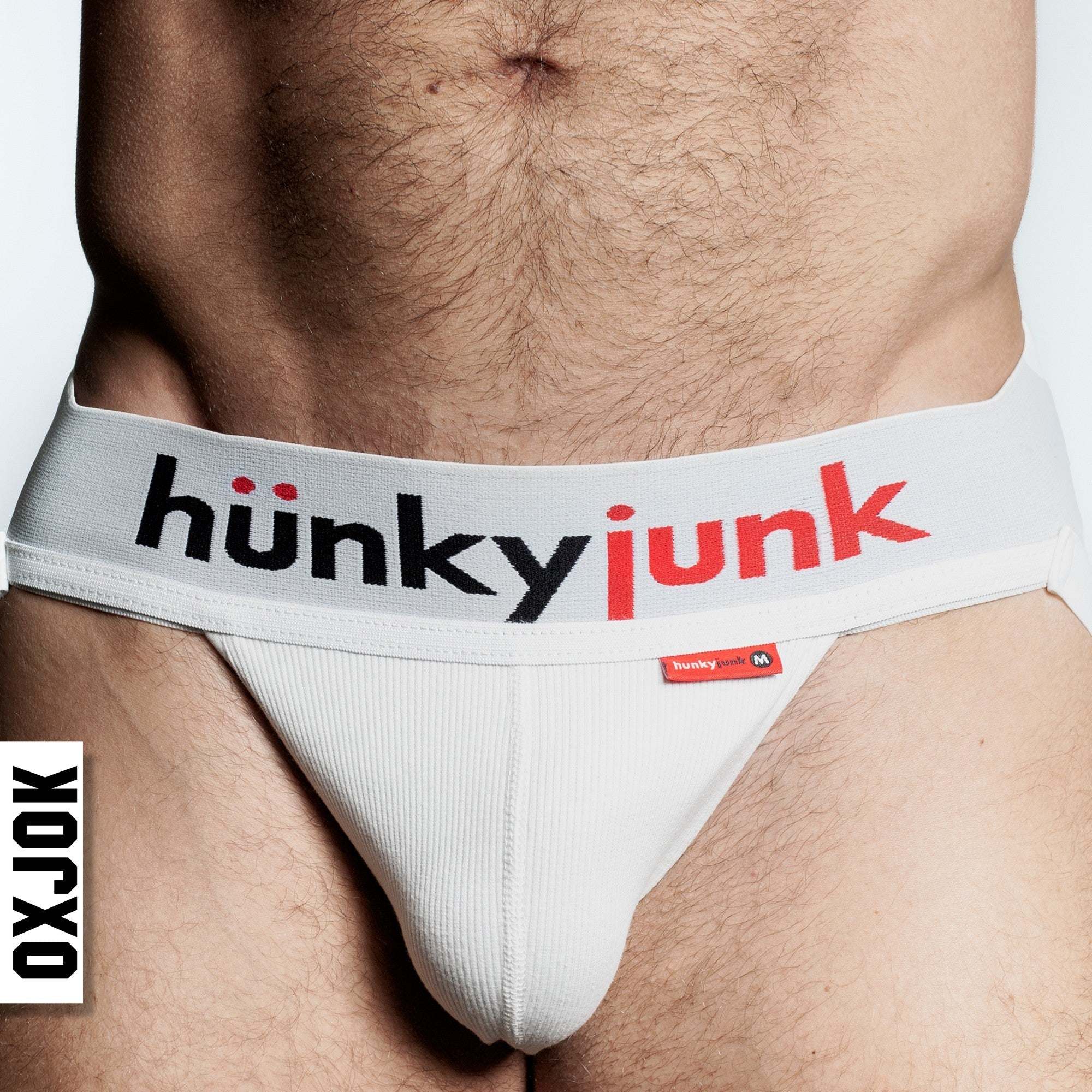 Oxballs Hunker Jockstrap in white snow featuring bold waistband and ribsoft pouch.
