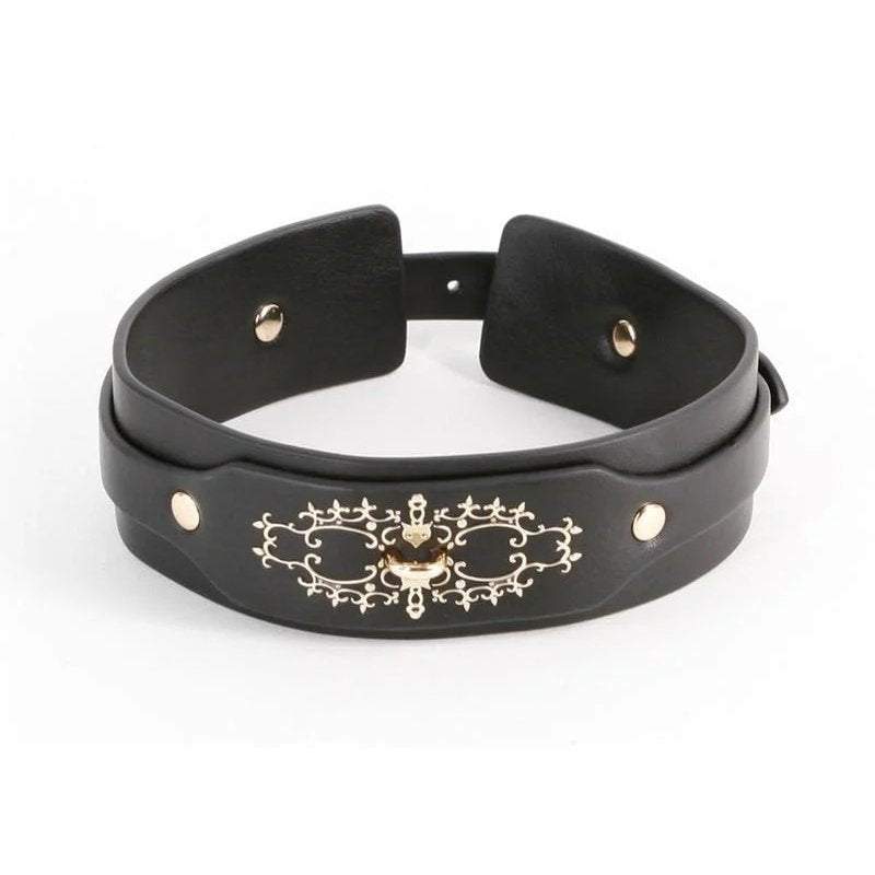 Hustler Taboo Katrina Collar black adjustable PU collar with gold embellishments and D-ring closure
