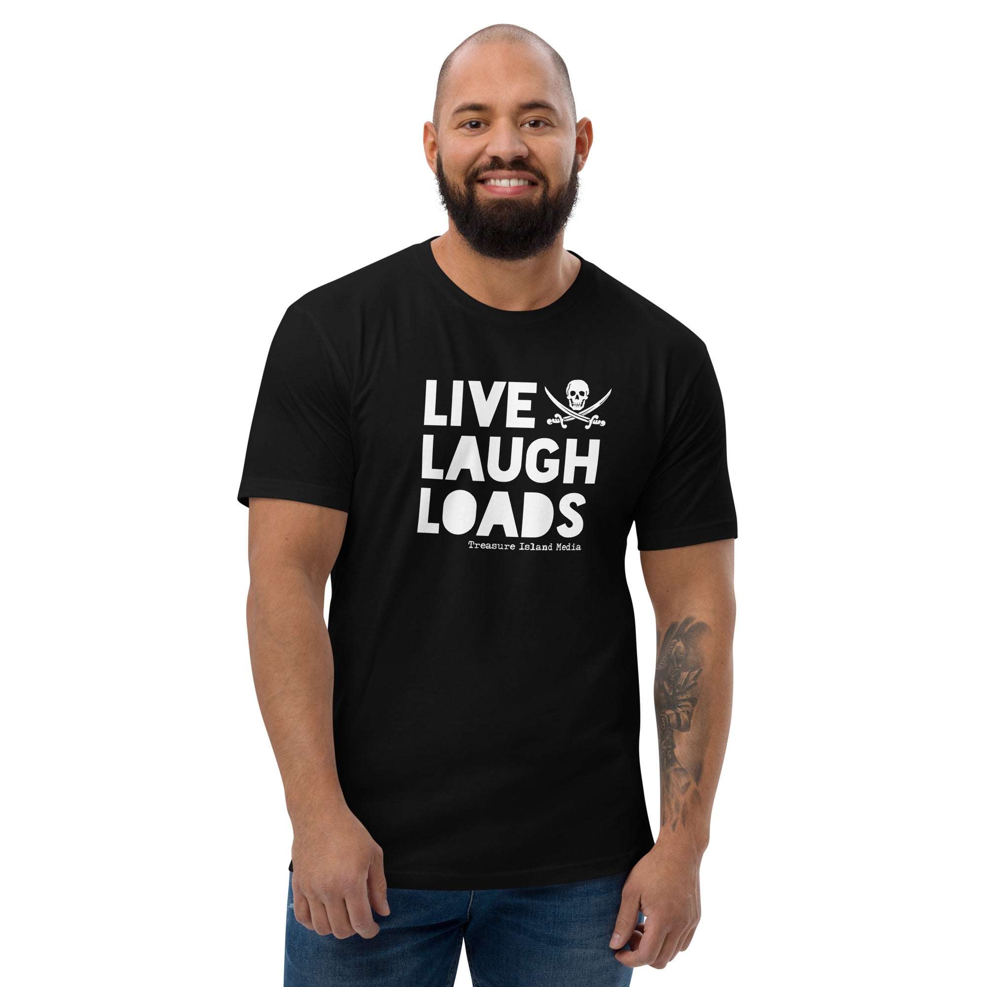 Live Laugh Loads T-shirt, black, worn by a smiling model.