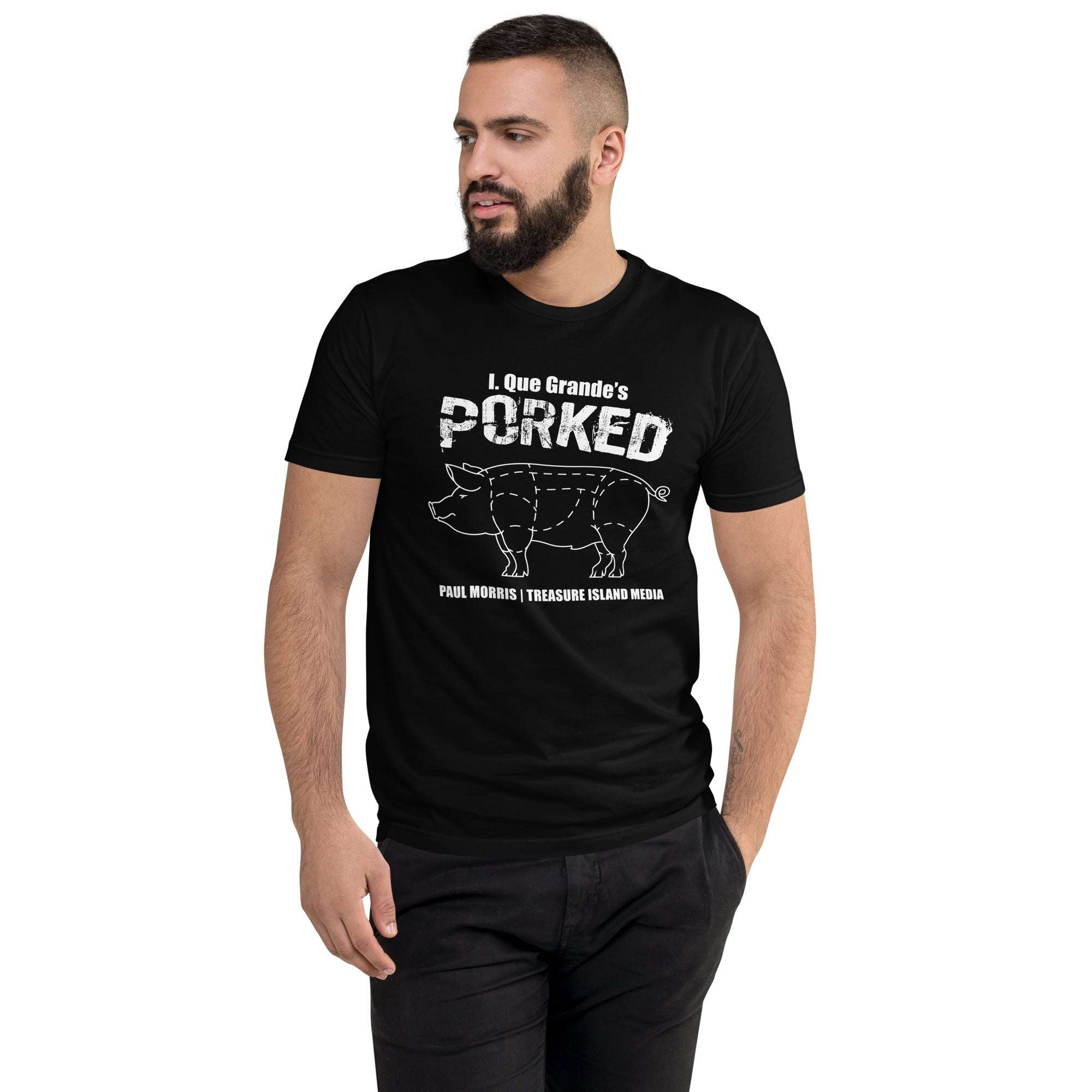Black Porked T-shirt with pig design, soft and lightweight.