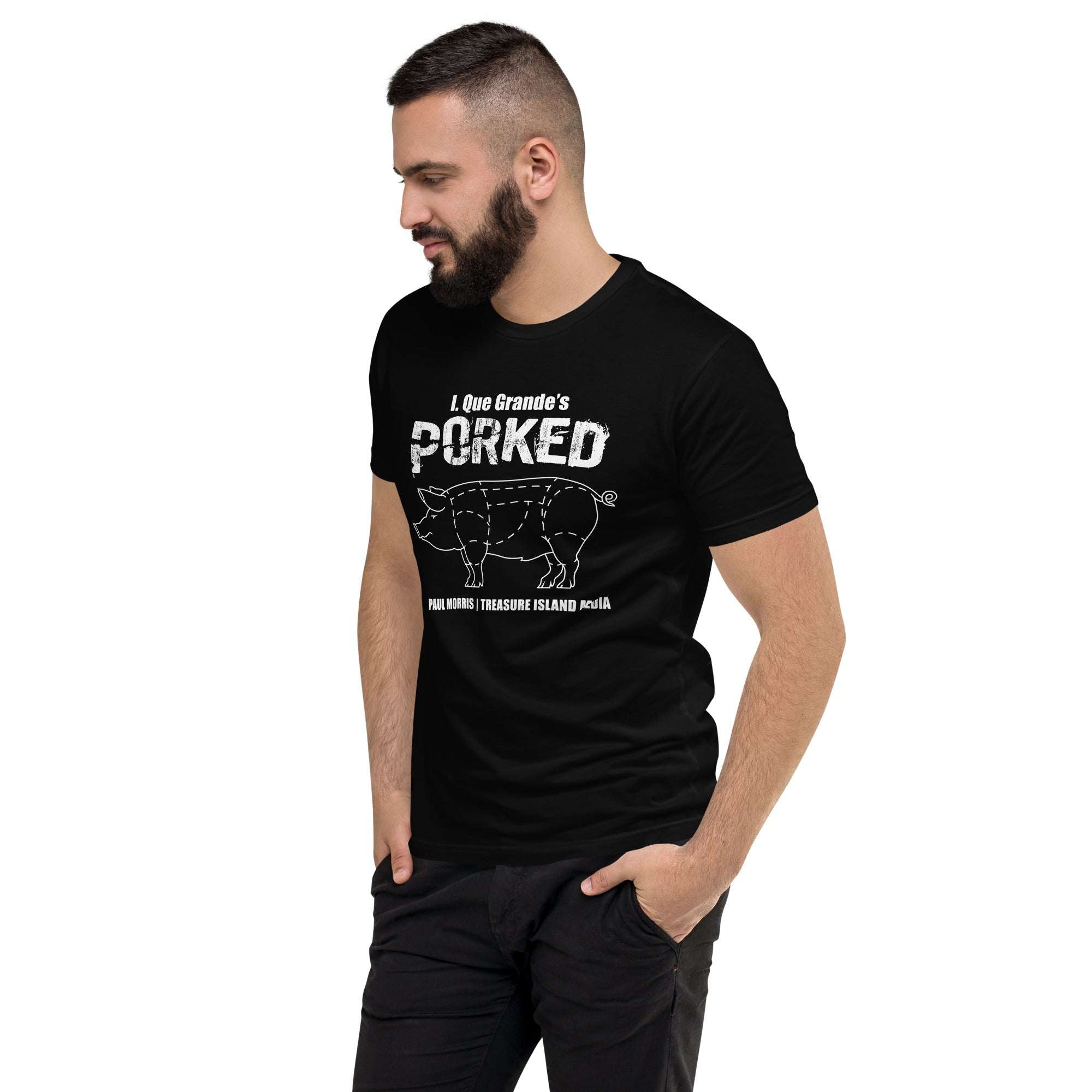 Black and white "Porked" t-shirt, soft and lightweight, 100% combed ring-spun cotton, available in various sizes.