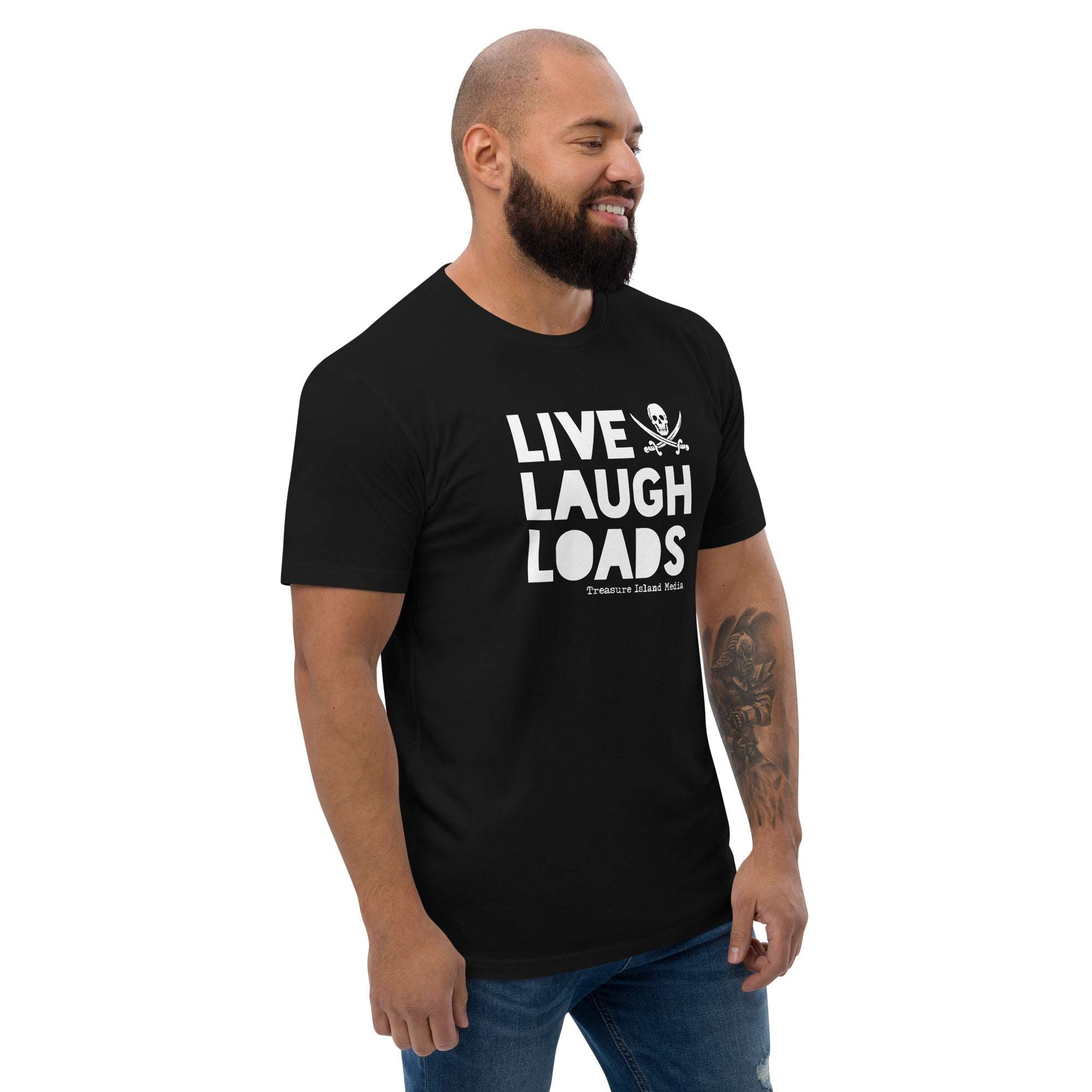Man wearing Live Laugh Loads T-shirt in black, showcasing a fun and carefree attitude.