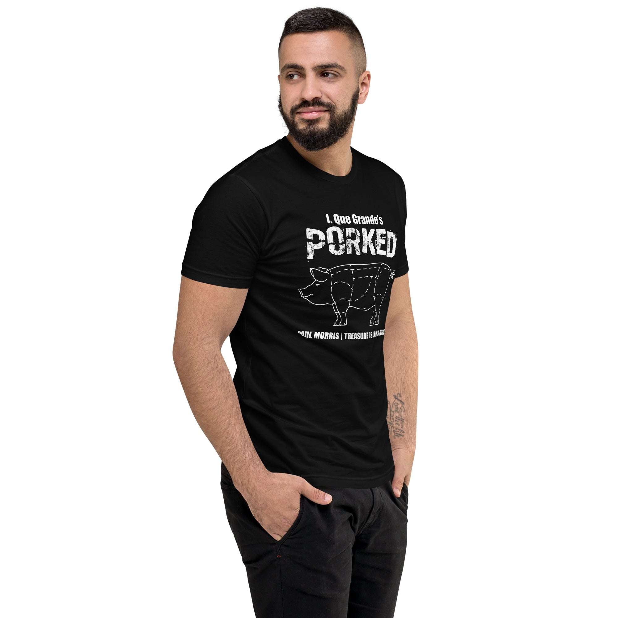 Black Porked T-shirt featuring a pig graphic design, comfortable and lightweight, worn by a person.