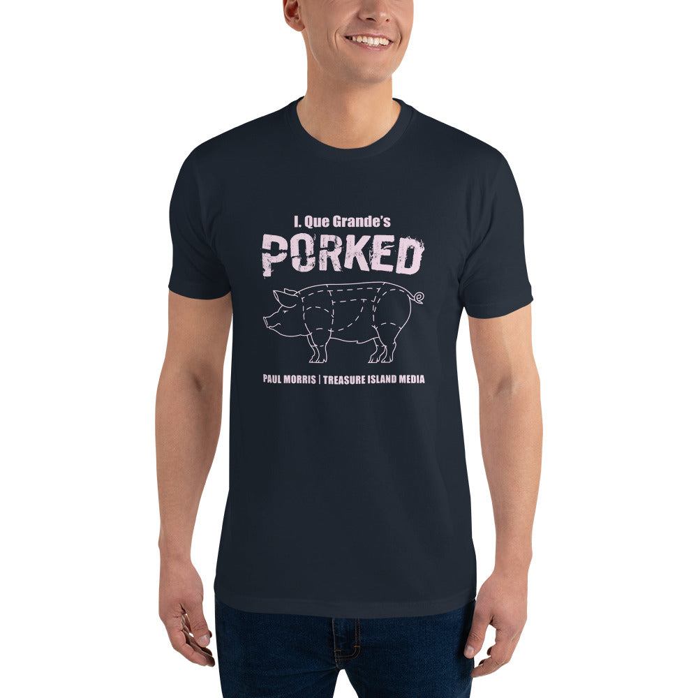Navy and pink "Porked" t-shirt, comfortable and lightweight, 100% cotton.