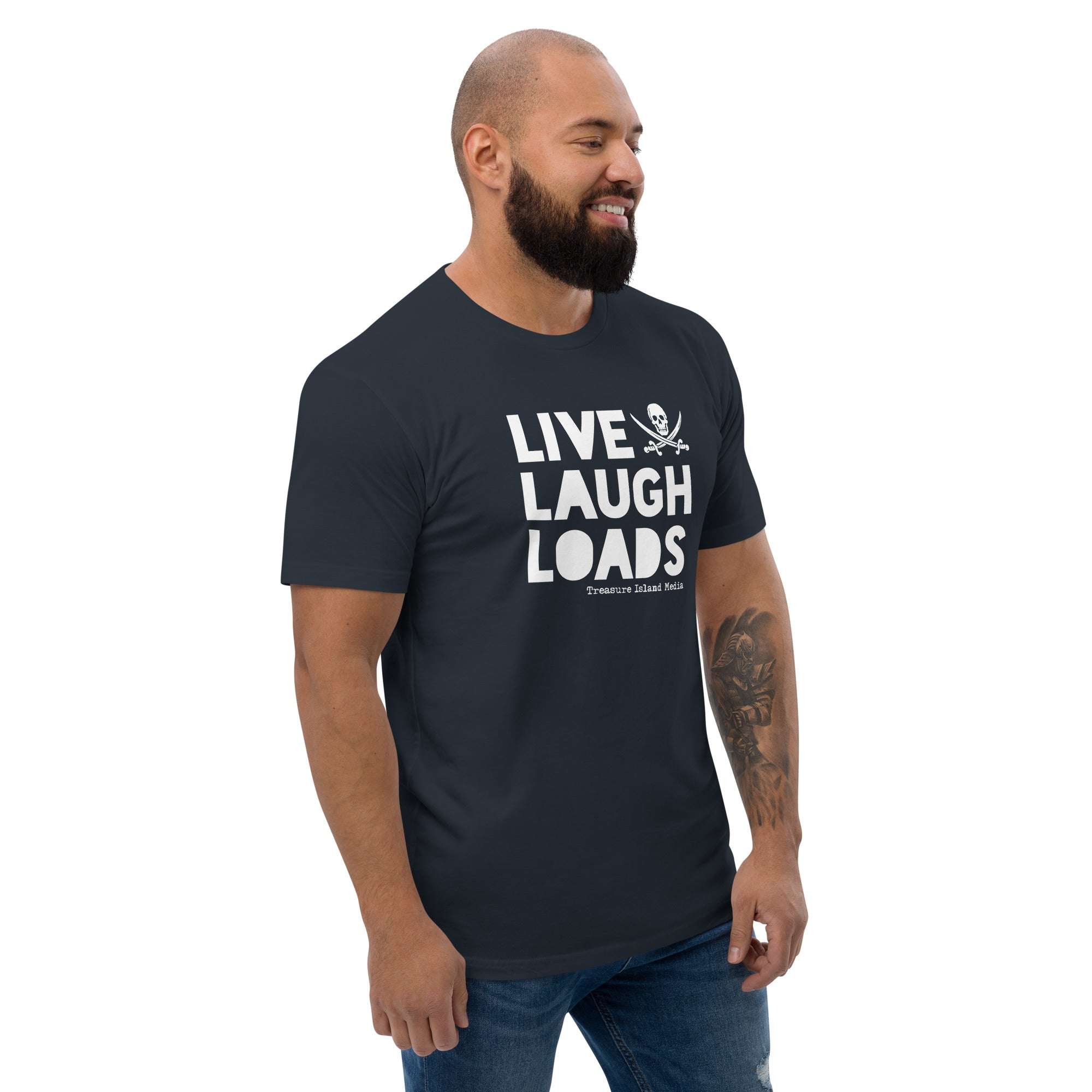 Man wearing Live Laugh Loads T-shirt, black, with bold white lettering, comfortable and stylish.