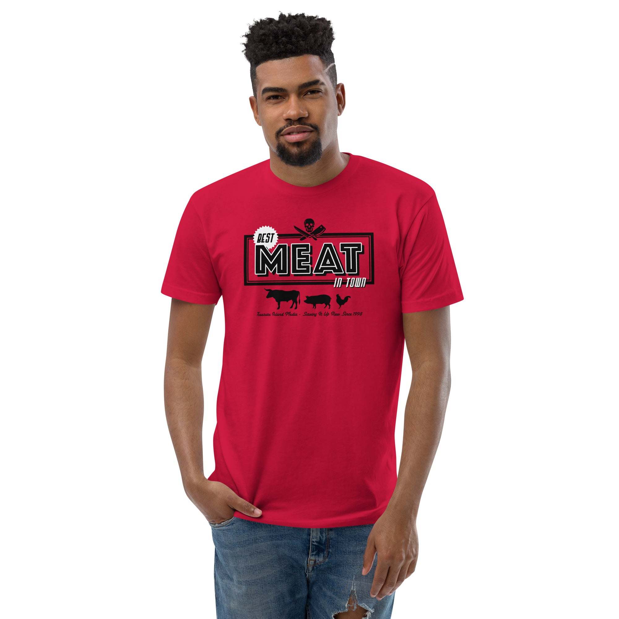 Best Meat in Town T-shirt, red, comfortable and lightweight design, featuring pun graphics.