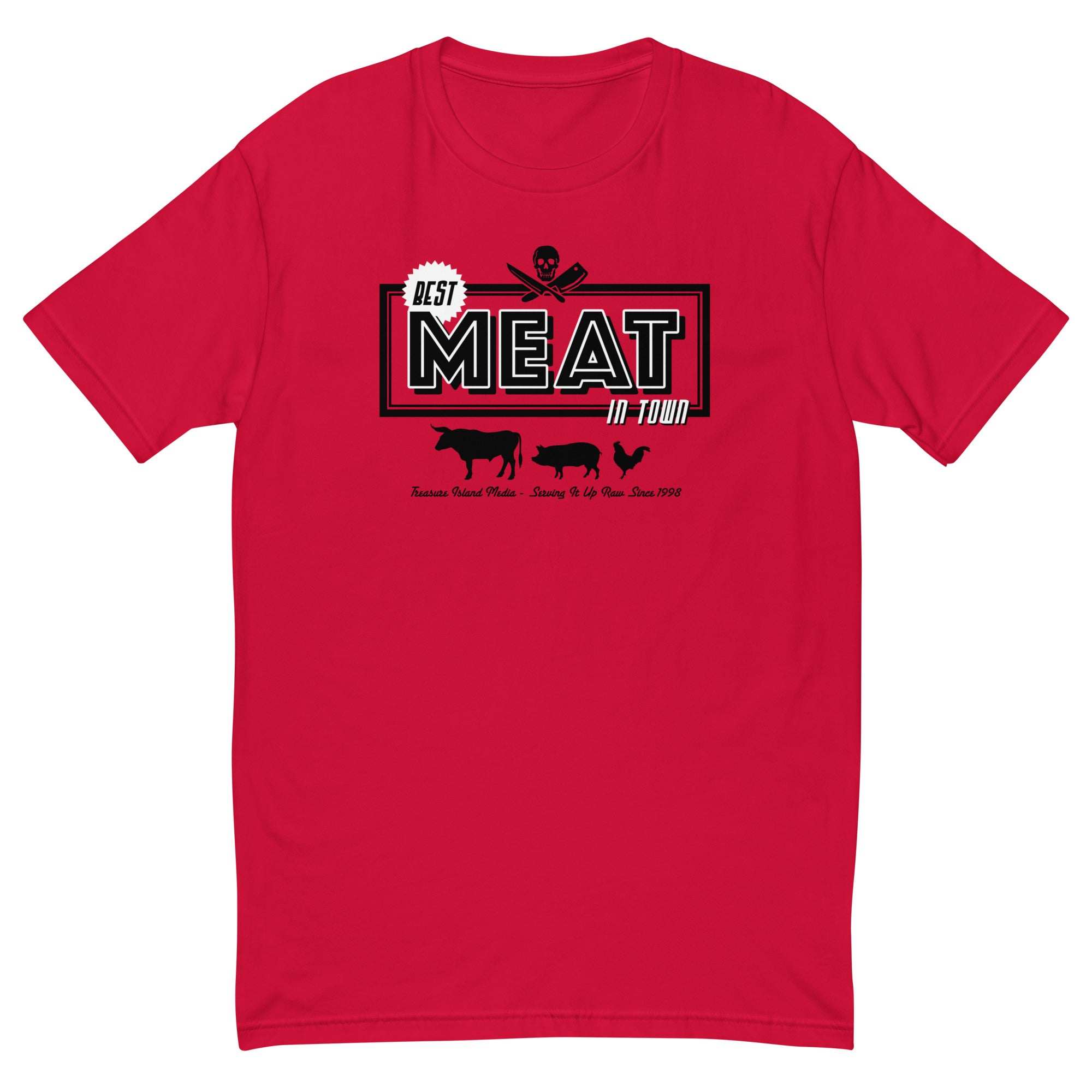 Red "Best Meat in Town" t-shirt; comfortable, lightweight cotton blend with humorous meat-themed design.