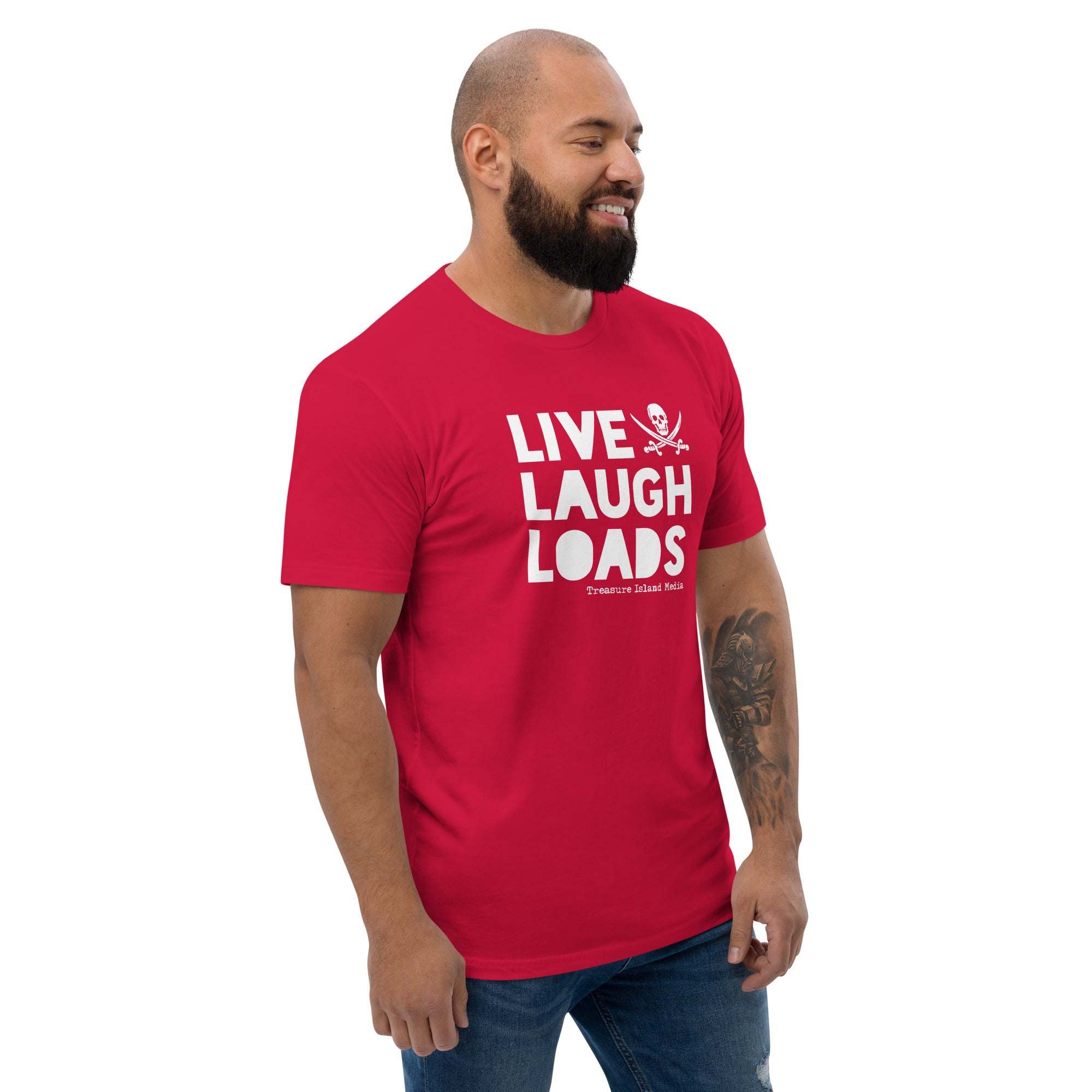 Man wearing red "Live Laugh Loads" T-shirt, showcasing fun, carefree style.