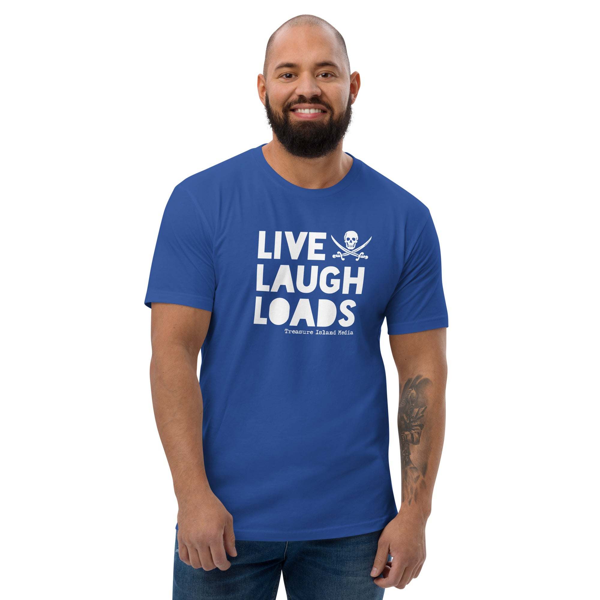 Blue T-shirt with "Live Laugh Loads" text and skull design.