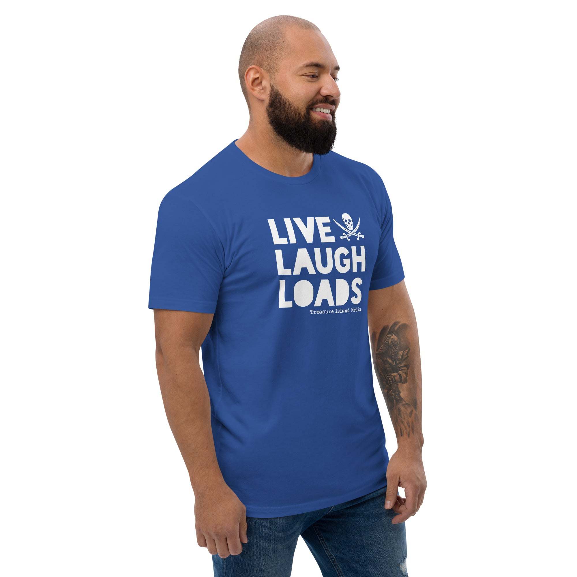 Live Laugh Loads T-shirt in blue, featuring a bold white print.