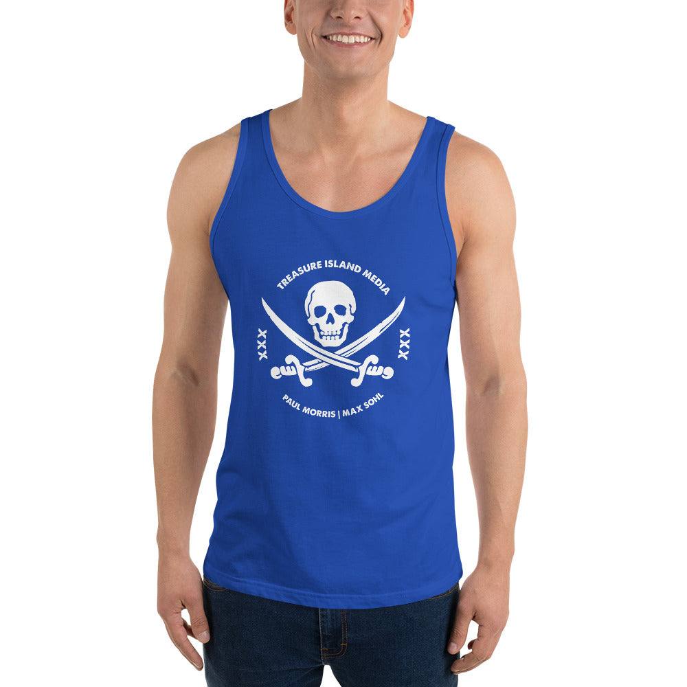 Man wearing TIMXXX White Logo Tank Top with iconic logo on front, perfect for casual style.