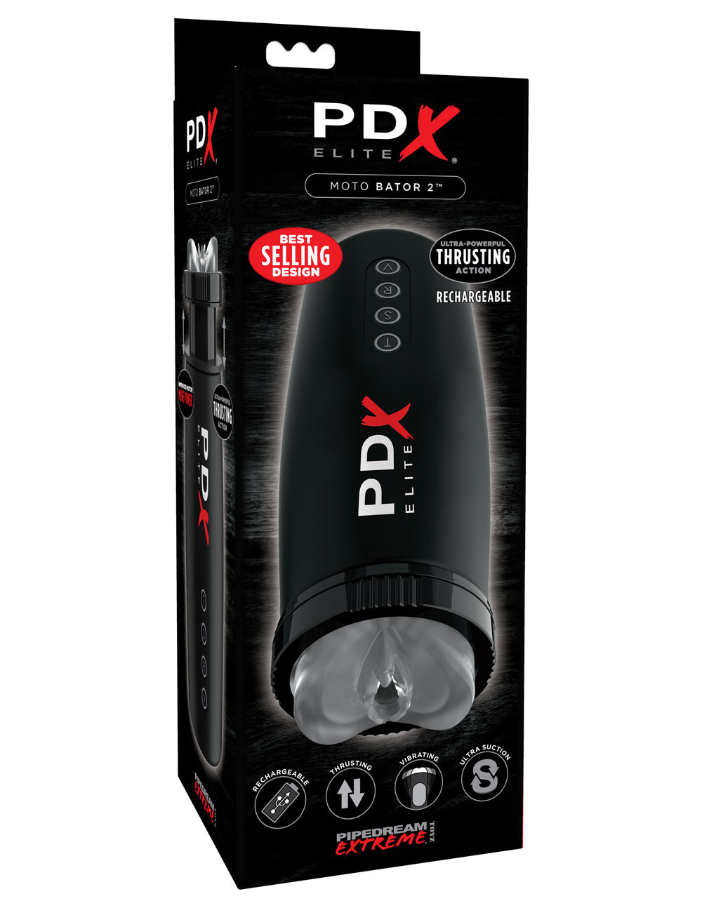 PDX Elite Motobator 2 Rechargeable Thrusting Vibrating Masturbator Clear/Black