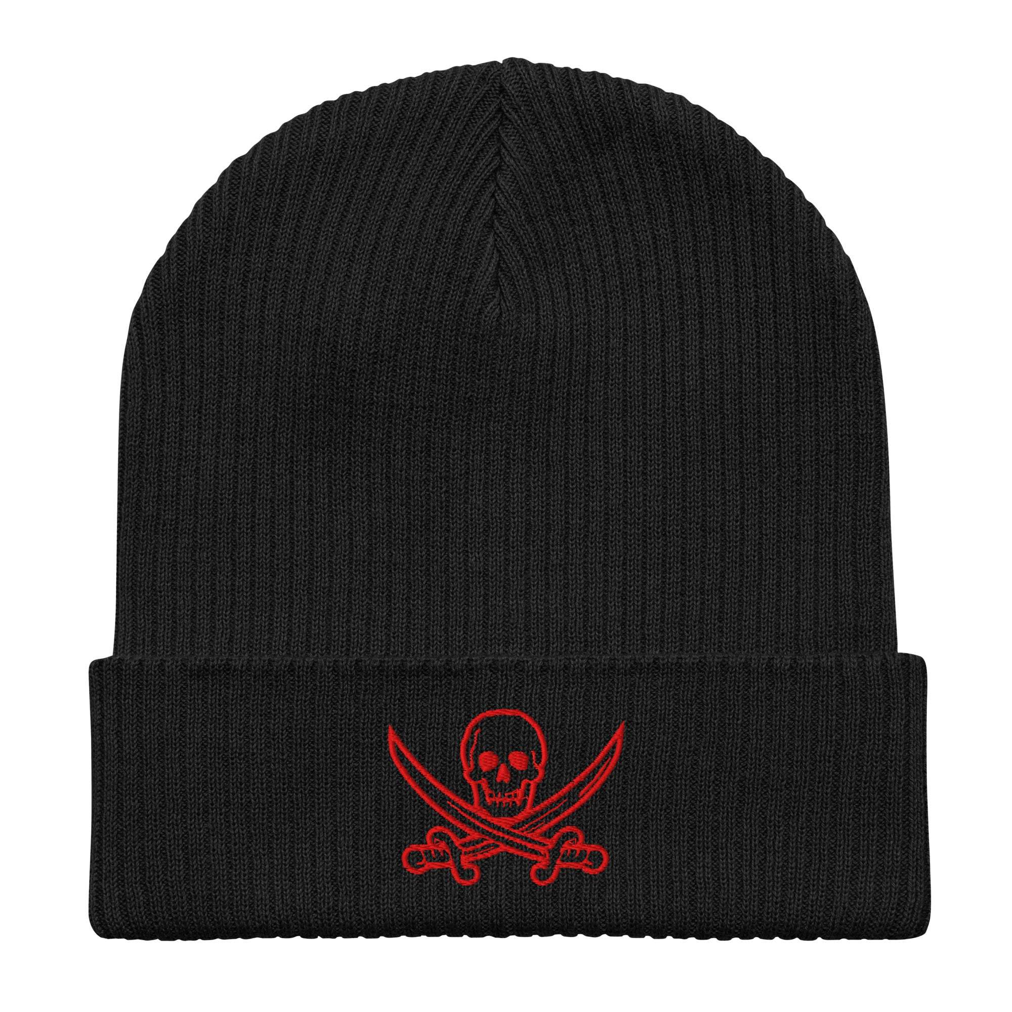 Black TIM Organic Ribbed Beanie with red skull and crossed swords embroidered logo on cuff, eco-friendly organic cotton knit hat