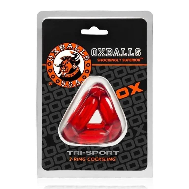 OxBalls Tri-Sport Cocksling in packaging, featuring a red tri-ring design for enhanced pleasure and support.