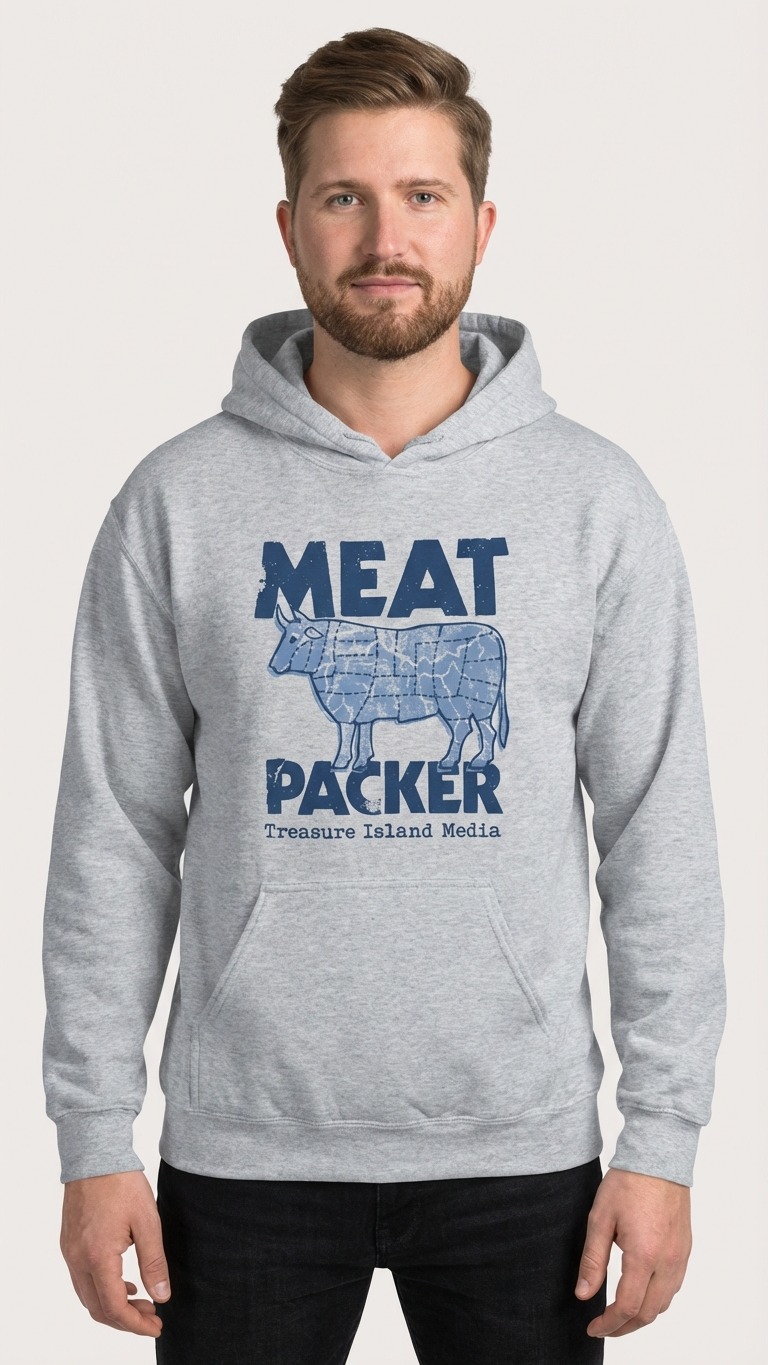 Meat Packer pullover hoodie in gray with blue cow graphic and Treasure Island Media branding