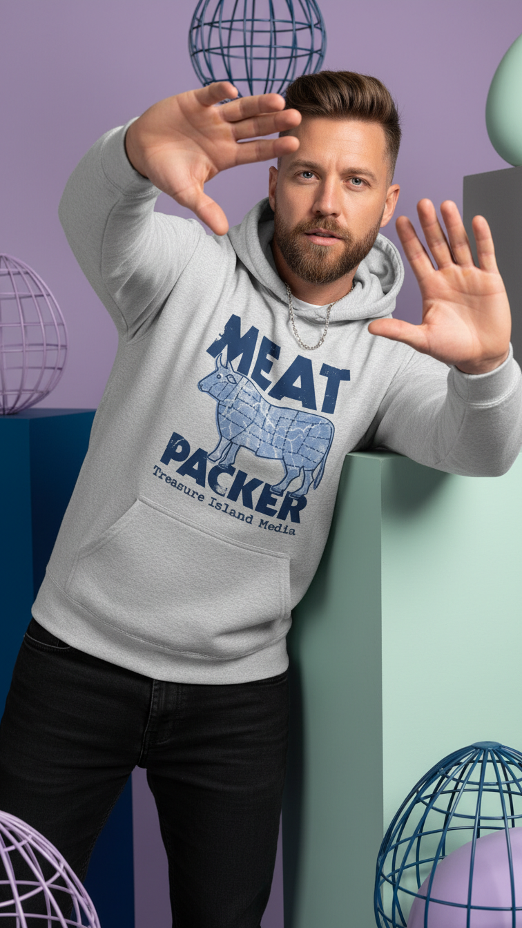 Meat Packer Hoodie, gray fleece with bold blue graphic on front