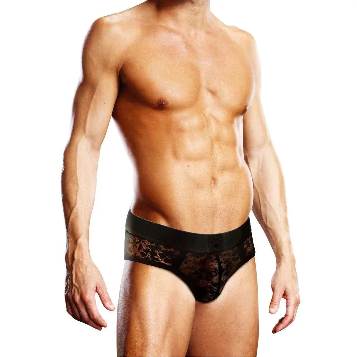 Male model wearing black Prowler lace briefs with floral patterns and a comfortable elastic waistband