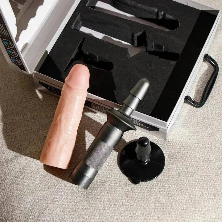 Blush Lock On Karbonite realistic 7.75 inch dildo with aluminum handle and suction cup adapter kit in storage case