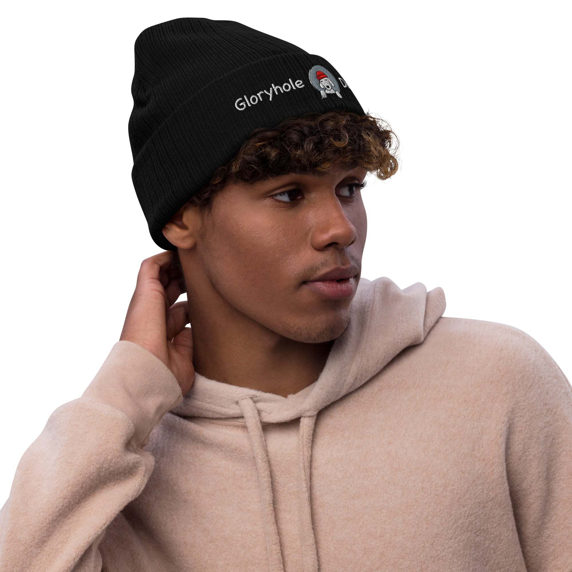 Man wearing GH Dog Ribbed Knit Beanie in black, showcasing style and eco-friendly design.