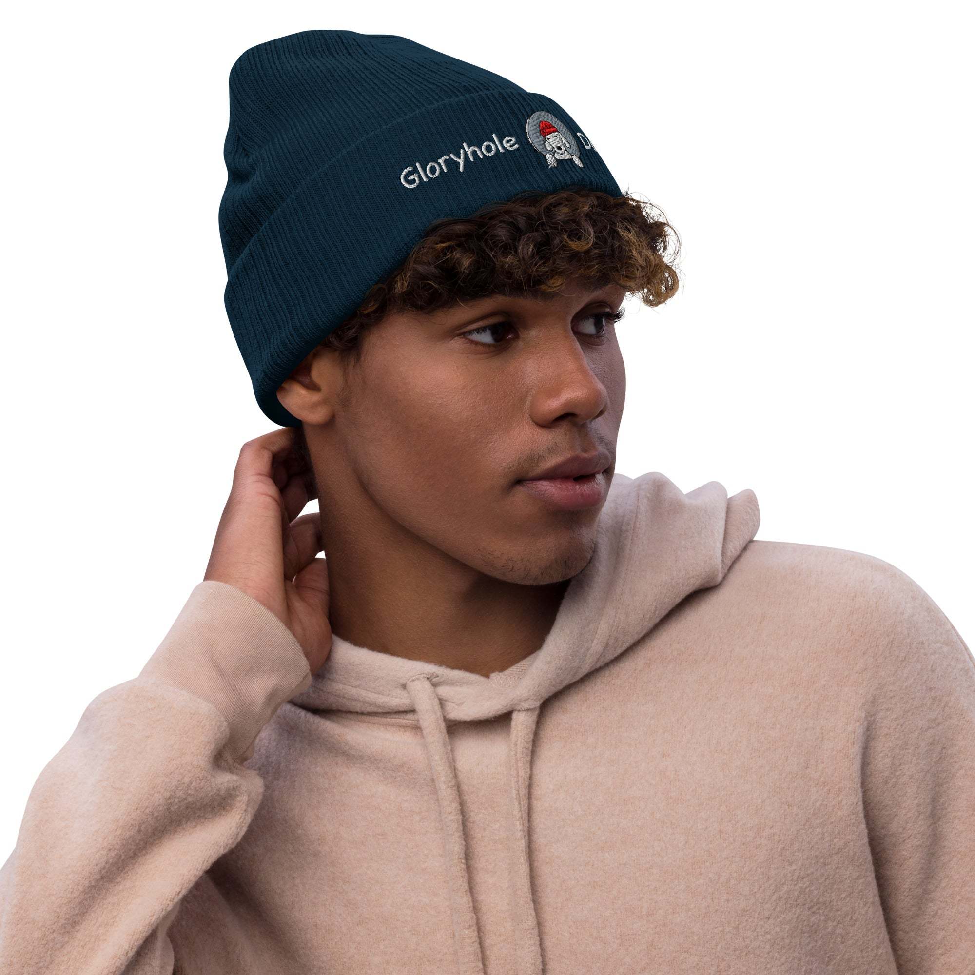 Man wearing a GH Dog Ribbed knit beanie; eco-friendly, double-layer, versatile cuffed design.