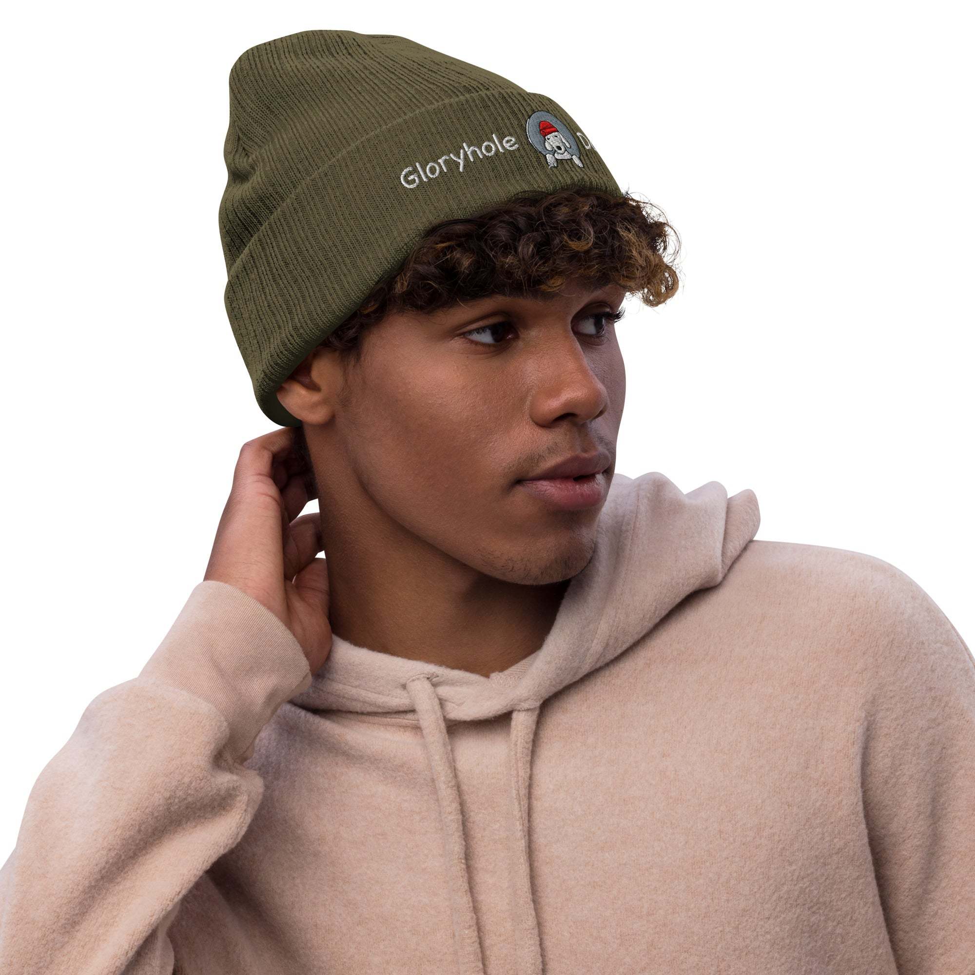 GH Dog Ribbed Knit Beanie in green, worn by a model, showcasing its stylish and eco-friendly design.
