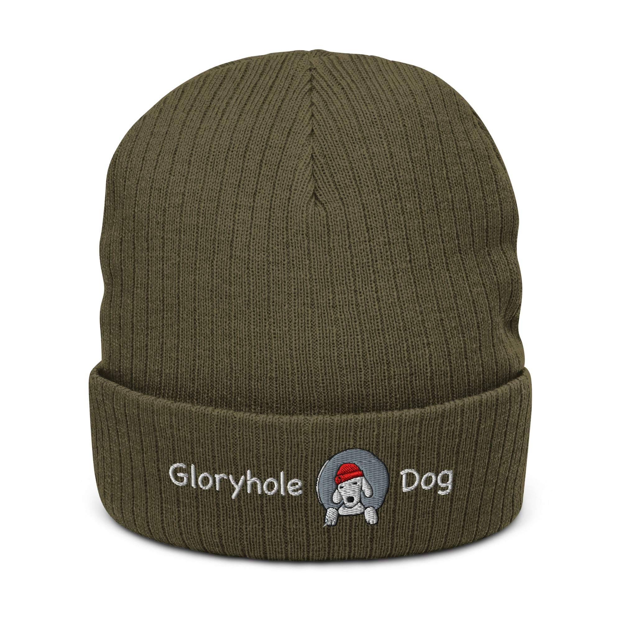 GH Dog Ribbed Knit Beanie in olive with embroidered Gloryhole Dog logo, sustainable 50% recycled polyester, 50% acrylic.