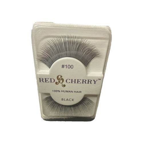 Black false eyelashes labeled Red Cherry #100 made from 100% human hair in clear plastic packaging