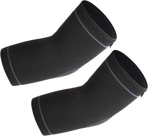 Black elastic elbow support sleeves with gray stripes, designed for joint compression and movement support.