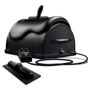 The Cowgirl Premium Riding Sex Machine with slip-resistant base, adjustable controls, two silicone attachments, and 10ft power cord.