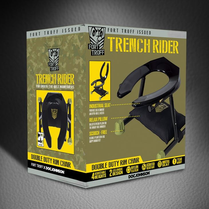 Fort Troff Trench Rider Black packaging featuring industrial-grade toilet seat and adjustable design.