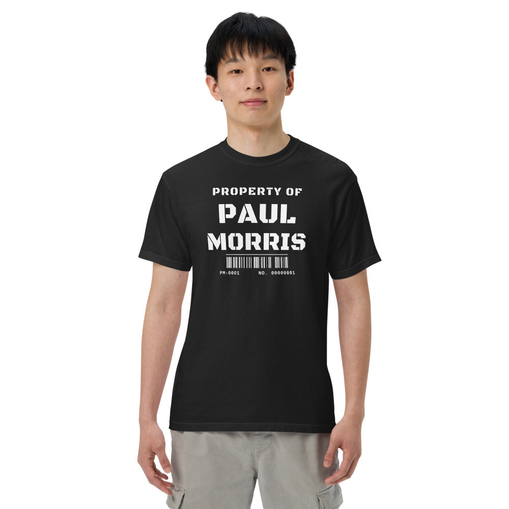 Property of Paul Morris tee on model