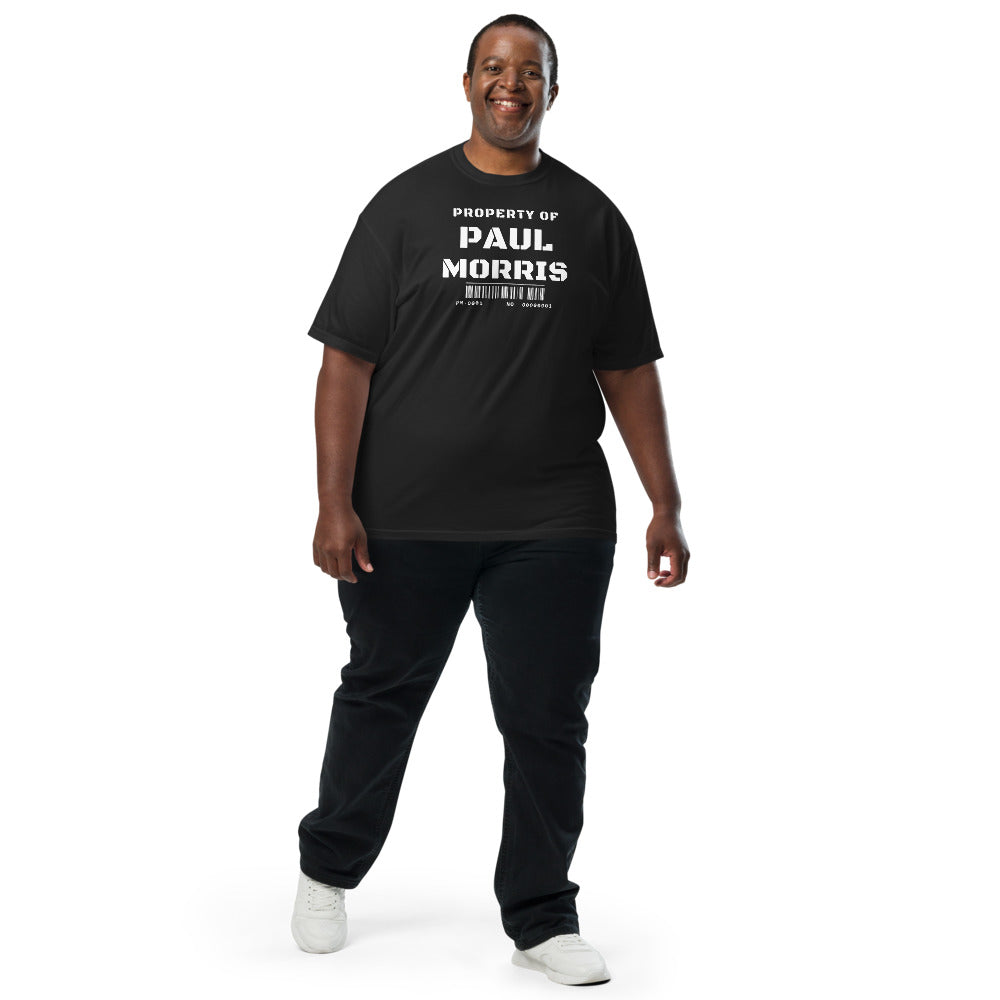 Property of Paul Morris tee on model