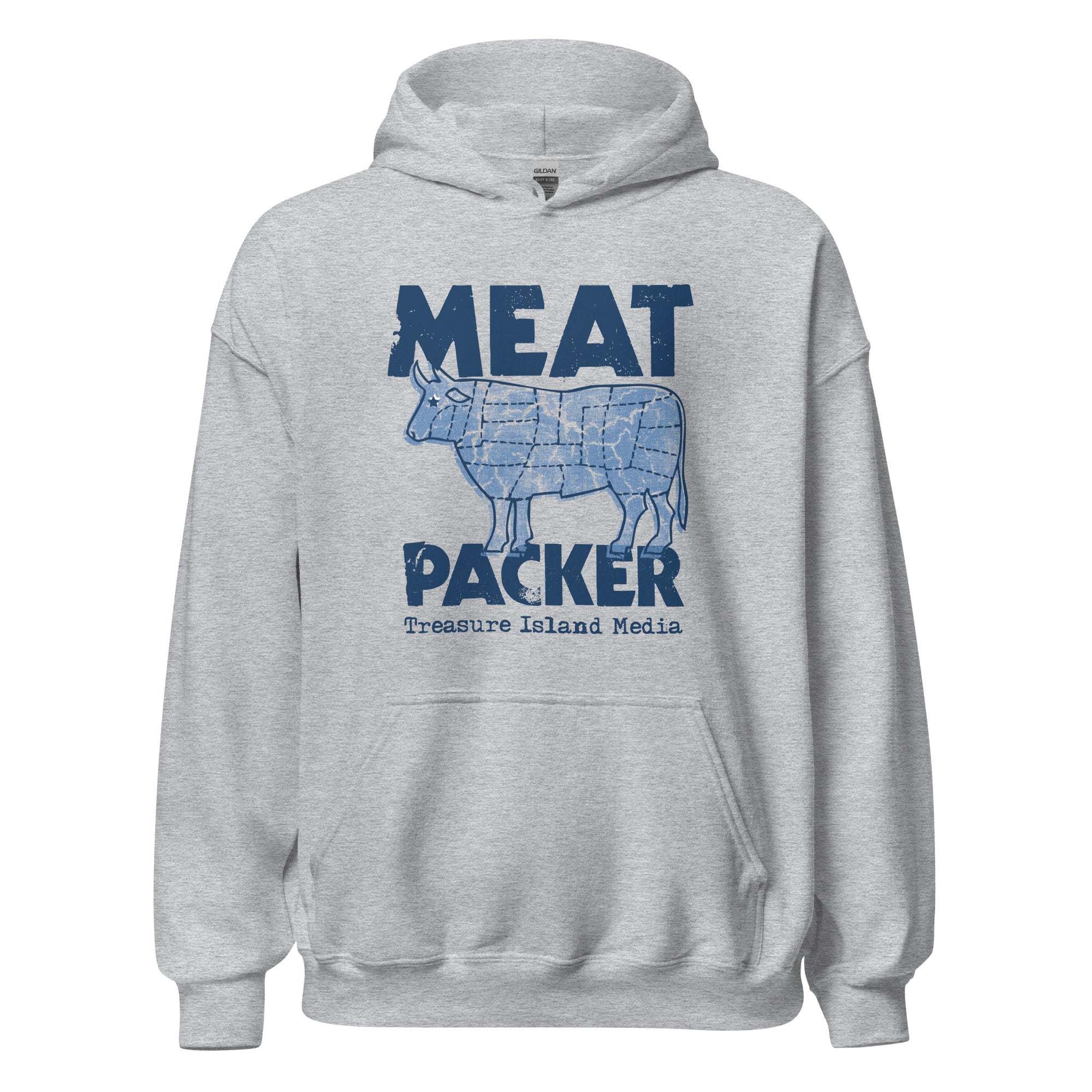 Gray Meat Packer Hoodie with blue graphic design featuring cow illustration and text.